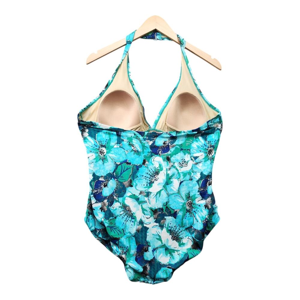 NWT Tropical Escape Swimsuit SZ 16 1 piece Cabana Blue Silver Metallic Ruching - Picture 3 of 9